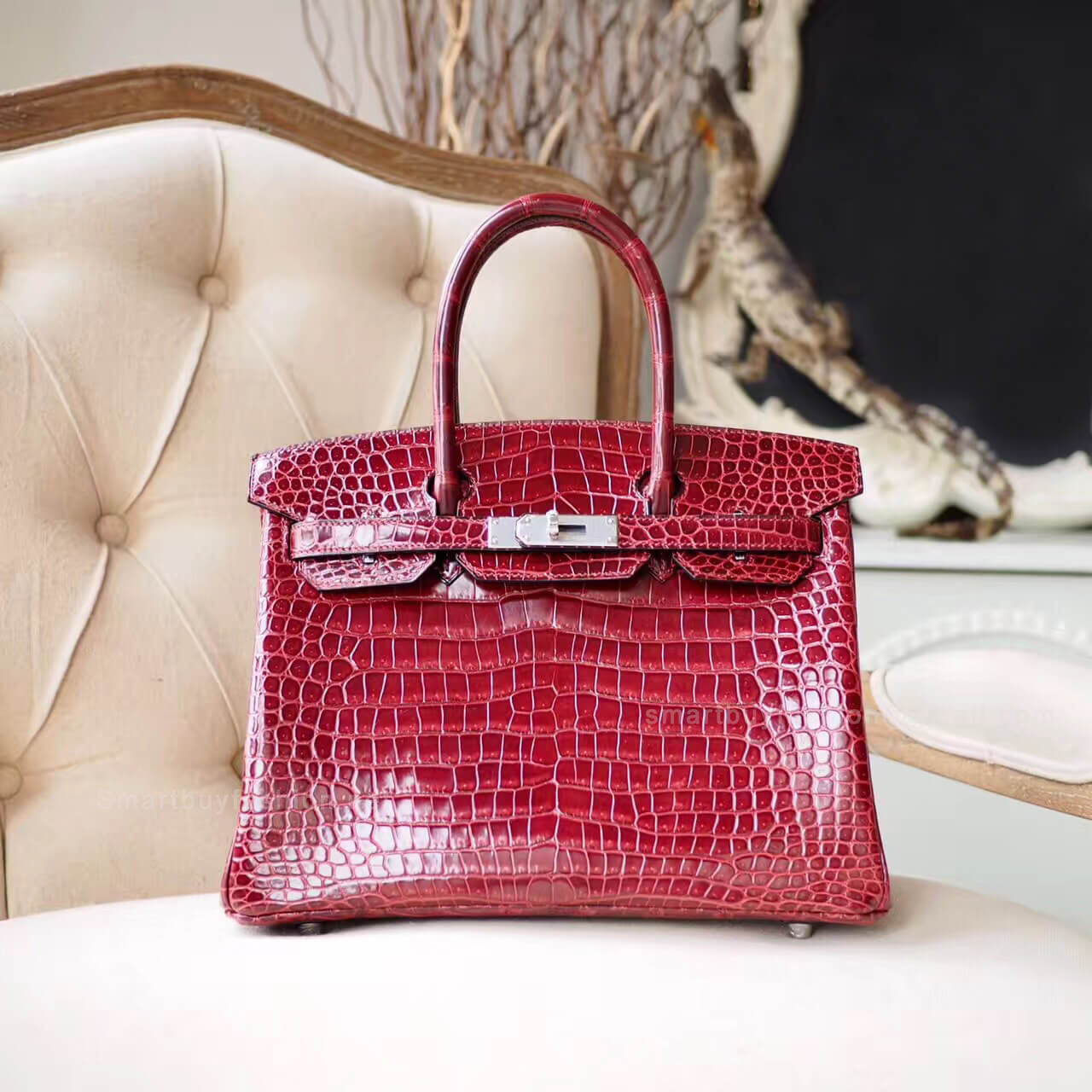 Hermes Birkin 30 Bag in Bordeaux Shiny Porosus Croc PHW
